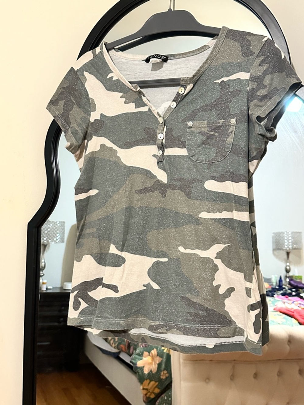 VENUS Olive Camo Henley Short Sleeve Top